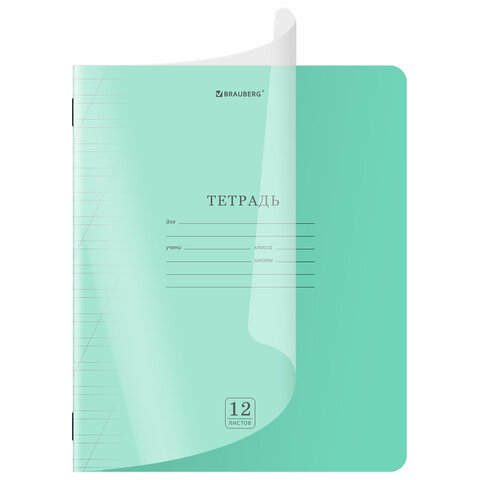 Тетрадь пластиковая обложка (прозрачная) 12 листов, косая линия, BRAUBERG "Smart Cover", ЗЕЛЕНАЯ, 405021