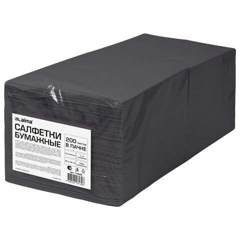 Салфетки бумажные 2-х слойные, 33x33 см, 200 штук в упаковке, 1/4 сложение, LAIMA, черные, 116660