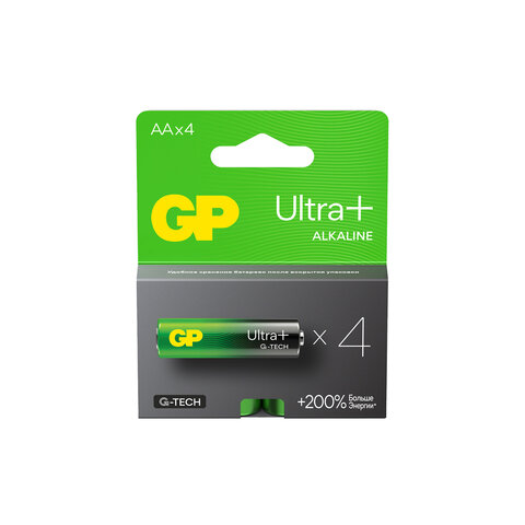 Батарейки КОМПЛЕКТ 4 шт., GP Ultra Plus G-Tech, AA (LR6), алкалиновые, пальчиковые, 15AUPA21-2CRSB4