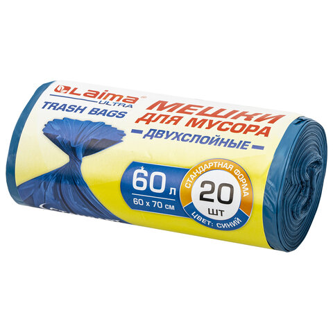 Мешки для мусора LAIMA "ULTRA" 60 л синие, в рулоне 20 шт. прочные, ПВД 25 мкм, 60х70 см, 607687