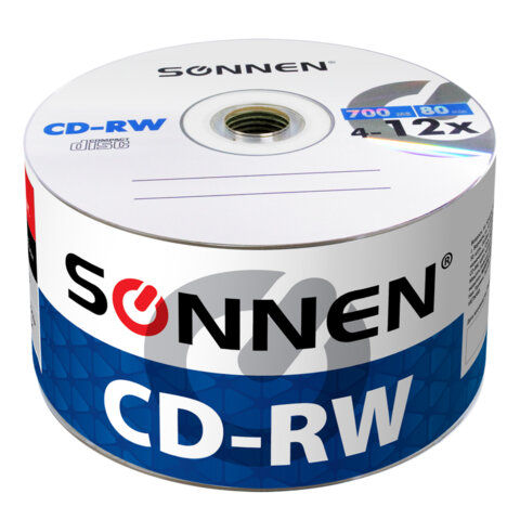 Диск CD-RW SONNEN 700 Mb 4-12x Bulk (термоусадка без шпиля), КОМПЛЕКТ 50 шт., 512578