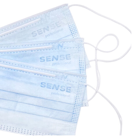Маски медицинские SENSE одноразовые КОМПЛЕКТ 50 штук короб, 3-х слойные, мельтблаун, голубые