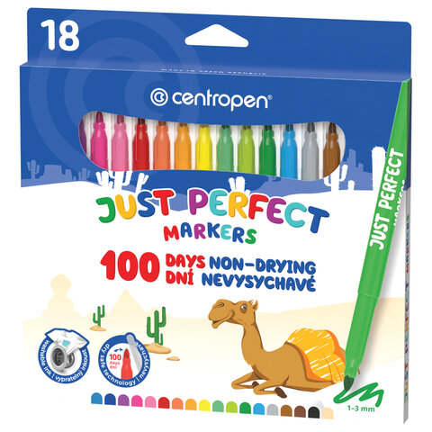 Фломастеры 18 ЦВЕТОВ CENTROPEN "Just Perfect", смываемые, устойчивы к высыханию, 2510/18KK, 725101801