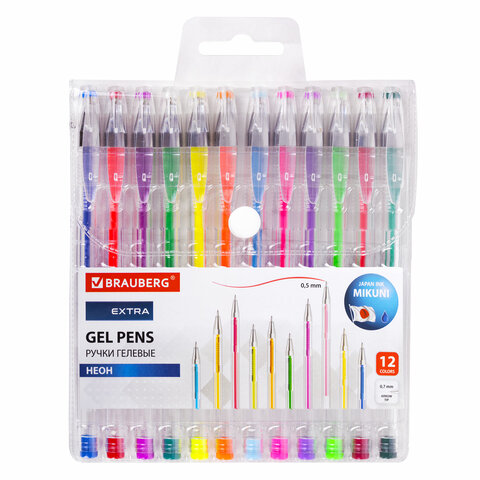 Ручки гелевые НЕОН BRAUBERG "EXTRA", НАБОР 12 ЦВЕТОВ, узел 0,7 мм, линия 0,5 мм, 143912