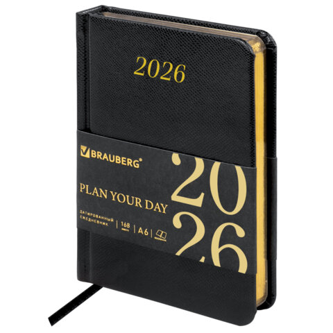 Ежедневник датированный 2026, МАЛЫЙ ФОРМАТ 100х150 мм, А6, BRAUBERG "Iguana", под кожу, черный, 117252