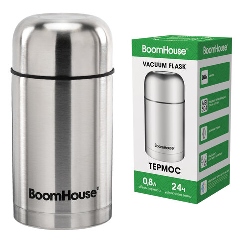 Термос 0,8 л для еды/напитков с широким горлом, BOOMHOUSE (БУМХАУС) WIDE, нержавеющая сталь SUS304, серебристый, 700319