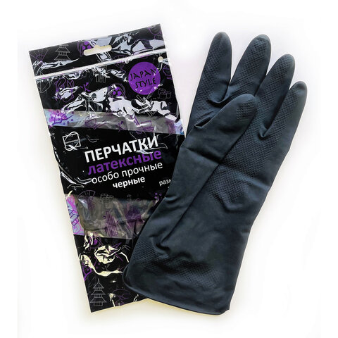 Перчатки МНОГОРАЗОВЫЕ латексные с хлопковым волокном Japan Style ЧЕРНЫЕ, размер 9-10, XL (очень большой), вес 67 г, КП, 139752