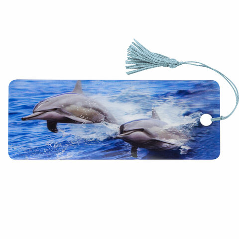 Закладка для книг с линейкой 3D-ОБЪЕМНАЯ BRAUBERG, "Дельфины", с декоративным шнурком, 128094