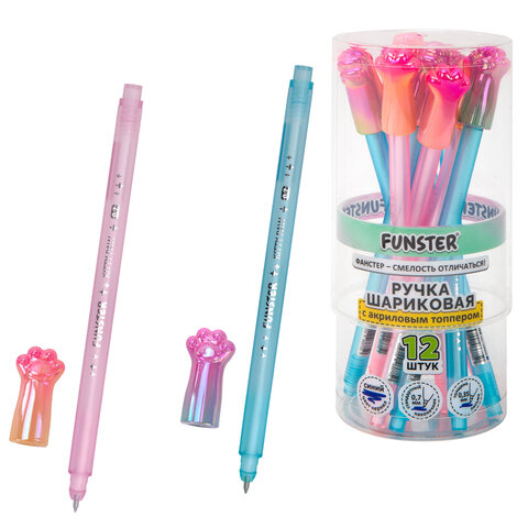 Ручка с акриловым топпером шариковая FUNSTER (ФАНСТЕР) "KITTY PAW", СИНЯЯ, ассорти, пишущий узел 0,7 мм, линия письма 0,35 мм, 144374