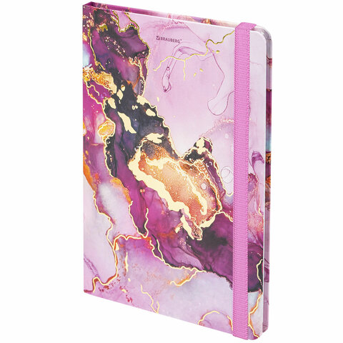 Блокнот с резинкой в клетку 96 л., А5, 145х203 мм, твердая обложка с фольгой, BRAUBERG, "Мрамор", 113731