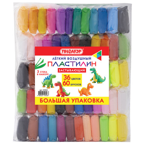 Пластилин супер лёгкий воздушный застывающий 60 штук (36 цветов + 2х12 базовых), 510 г, 3 стека, ПИФАГОР, 107044