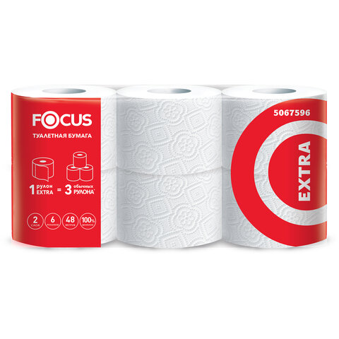 Бумага туалетная, спайка 6 шт., 2-слойная (6х48 м) Focus Extra, белая, 5067596