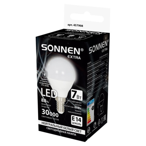 Лампа светодиодная SONNEN EXTRA, 7 (60) Вт, E14, шар, нейтральный белый, 30000 ч, LED G45-7W-4000-Е14, 457908