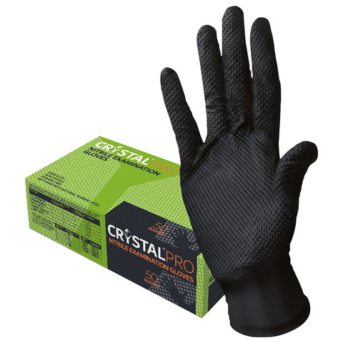 Перчатки нитриловые смотровые с текстурой CRYSTAL PRO 25 пар (50шт), размер L, черные, CR-BL-02