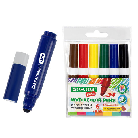 Фломастеры суперсмываемые толстые для малышей BRAUBERG KIDS, 6 цветов, ПВХ-упаковка, 152604